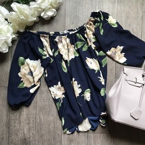 Navy Floral Off Shoulder Blouse