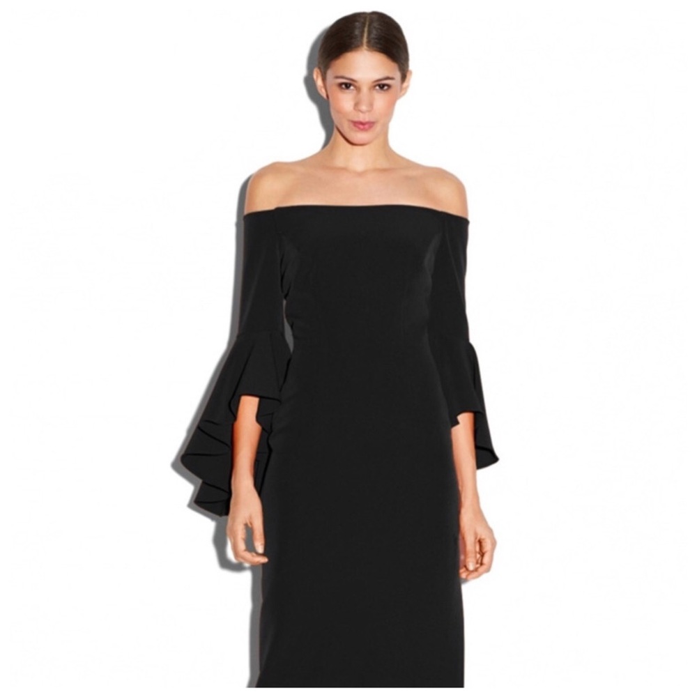 Black Off The Shoulder Flare Sleeve Dress - Picture 2 of 4