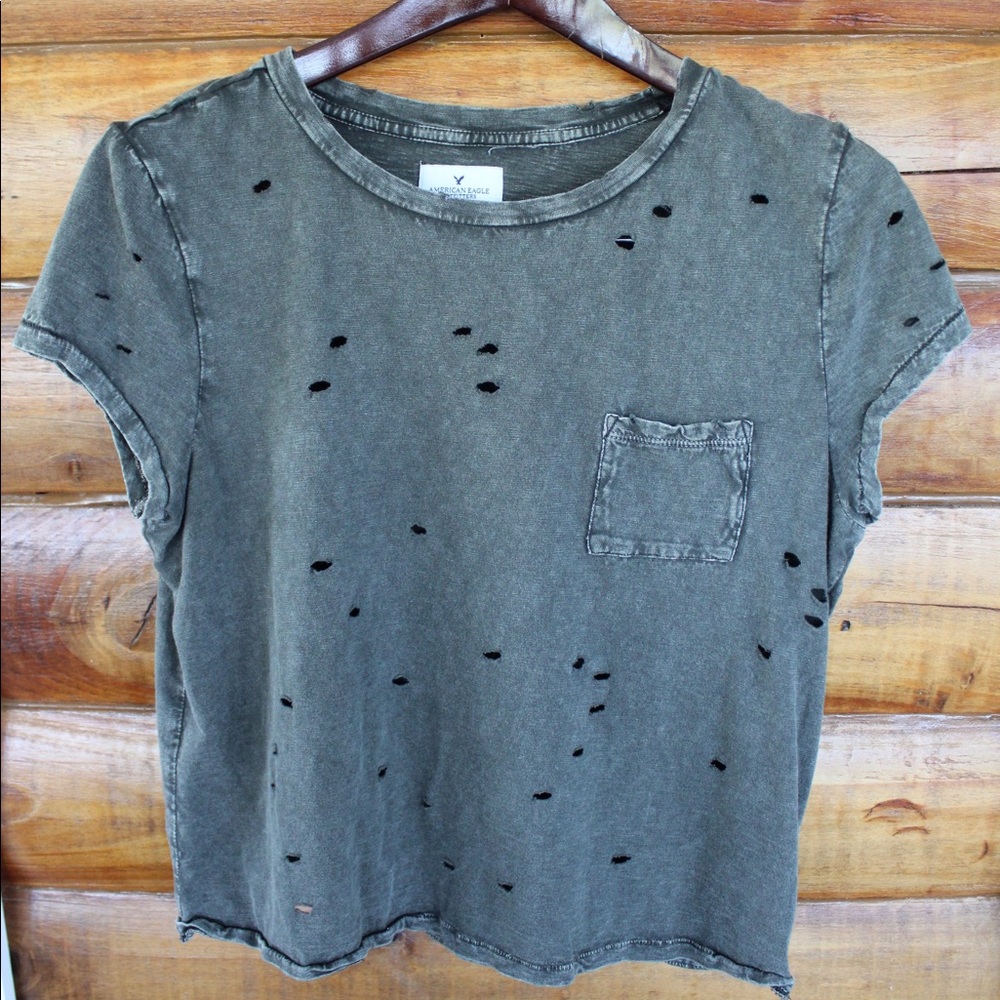 Army green short sleeved top with holes