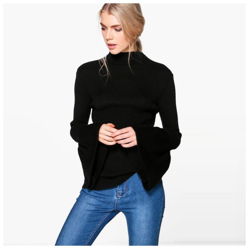 Pink & Black Bell Sleeve Turtleneck Sweater - Picture 5 of 8