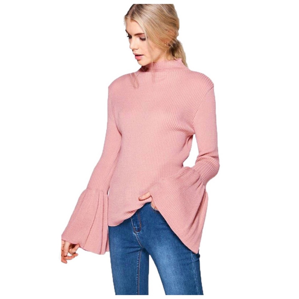 Pink & Black Bell Sleeve Turtleneck Sweater - Picture 2 of 8