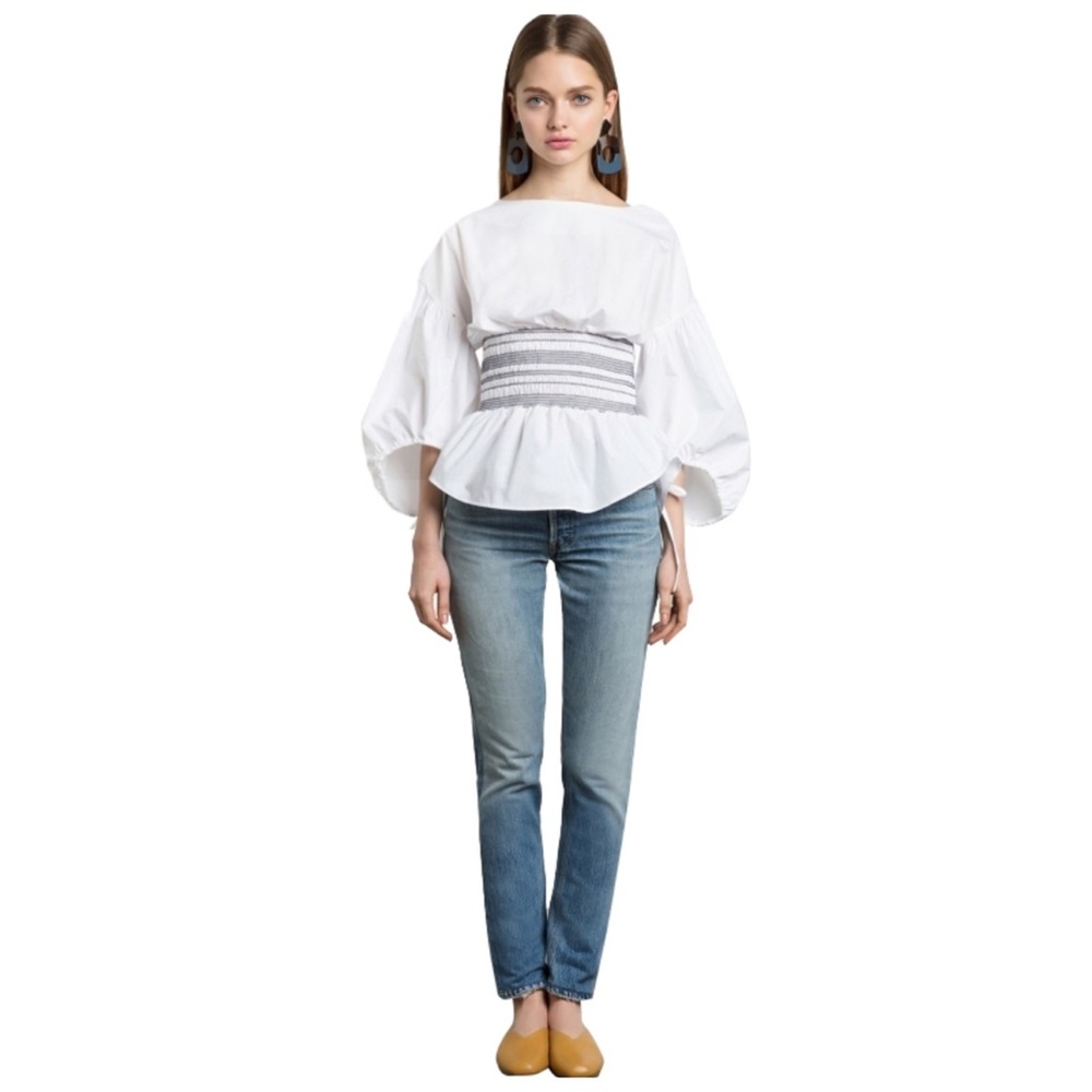 White Smocked Fitted Waist Balloon Sleeve Top - Picture 2 of 4