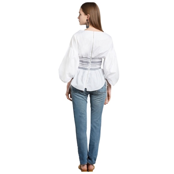 White Smocked Fitted Waist Balloon Sleeve Top - Picture 4 of 4