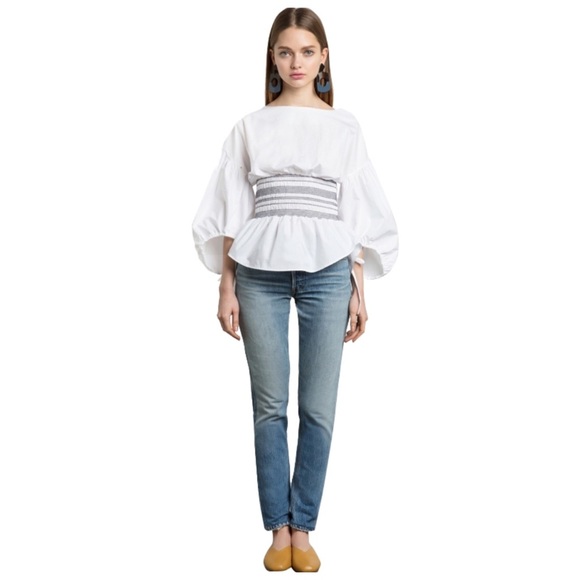 White Smocked Fitted Waist Balloon Sleeve Top - Picture 2 of 4