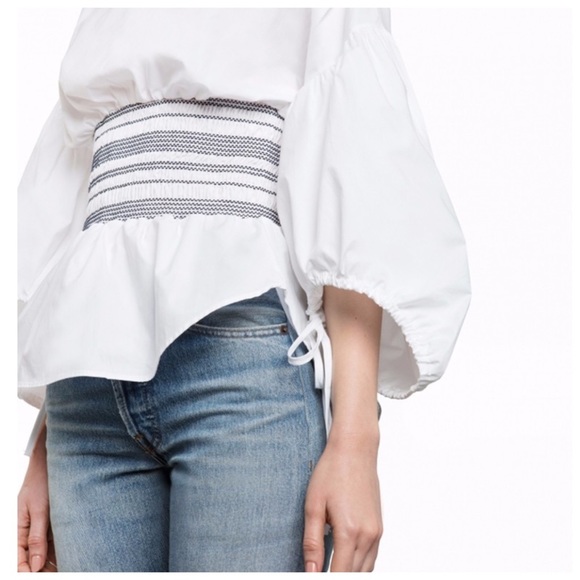 White Smocked Fitted Waist Balloon Sleeve Top - Picture 3 of 4