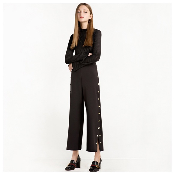 Black Button Side Crop High Waist Pants - Picture 2 of 4