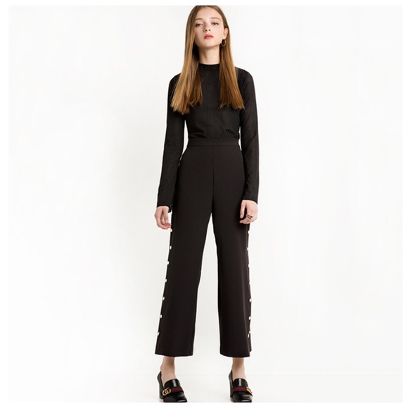 Black Button Side Crop High Waist Pants - Picture 3 of 4