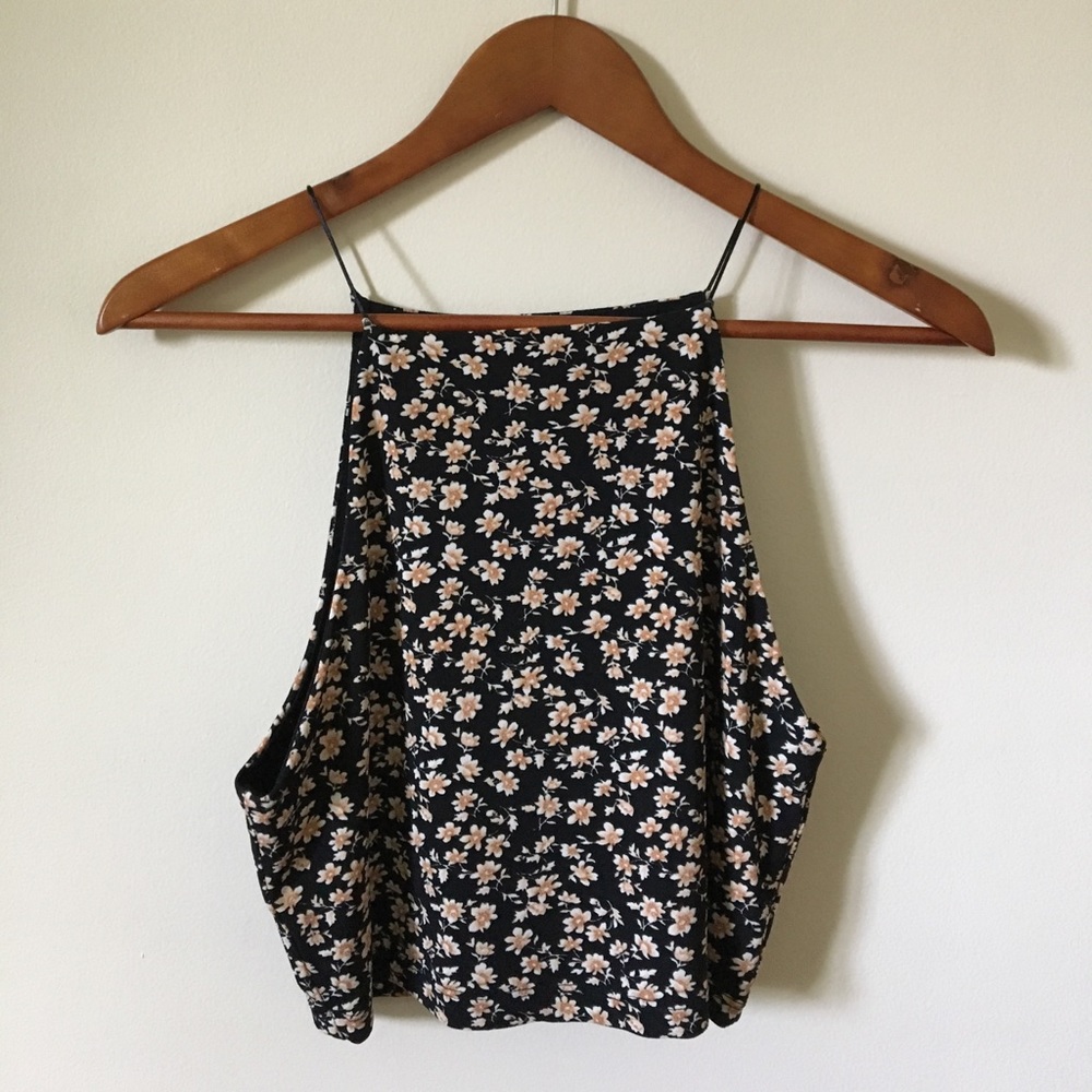 Forever 21 Floral High Neck Black Crop Top