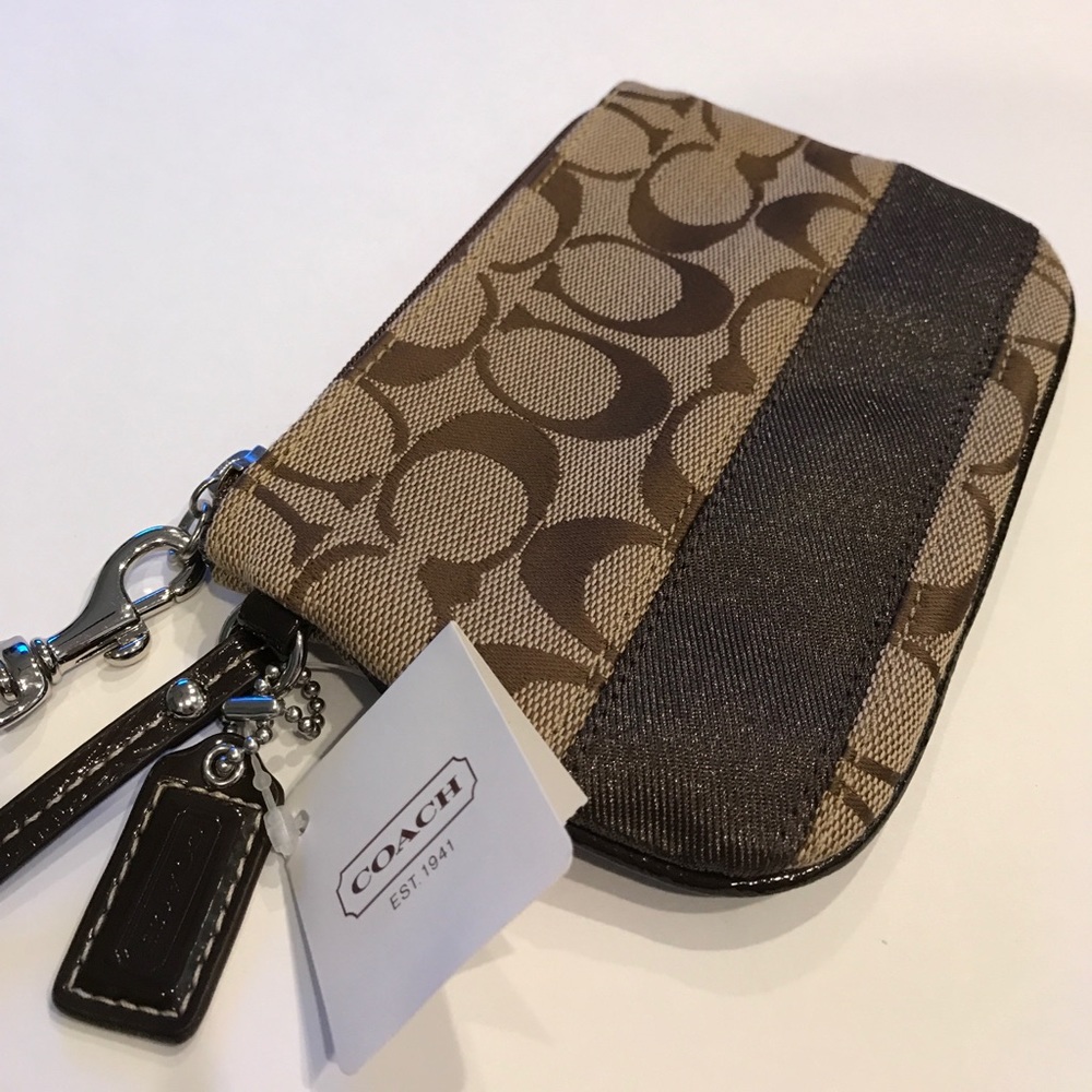 NWT COACH Signature Stripe Small Wristlet BROWN