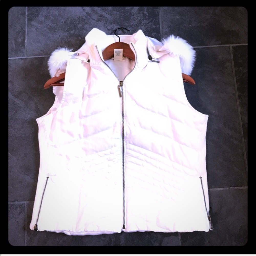 White faux fur hooded puffer vest