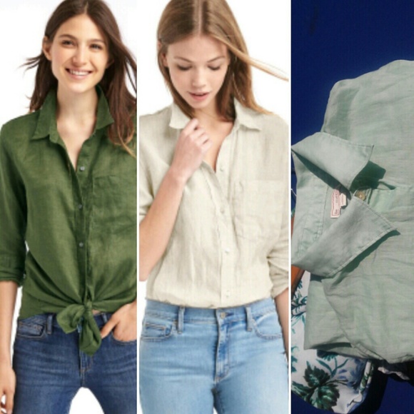 Gap Muted Mint Double Pocket Linen Button Up - Picture 1 of 4