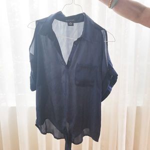 Blue Satin Blouse with Shoulder Cut Outs