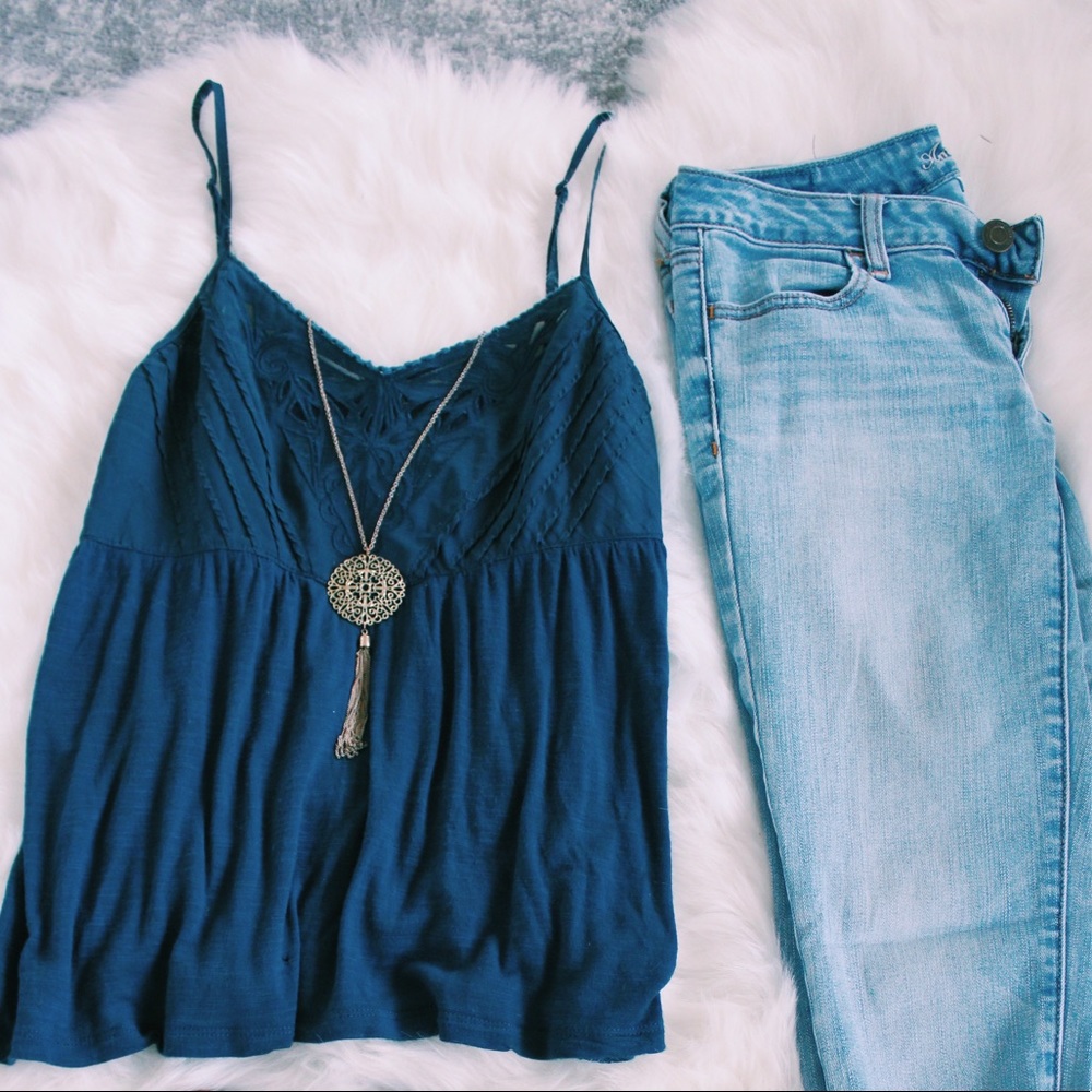 Navy spaghetti strap tank with lace detail