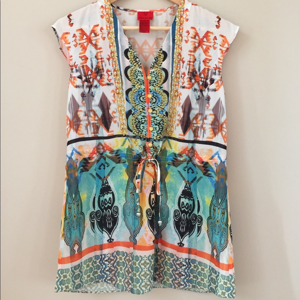 Colorful beaded tunic with drawstring waist size s