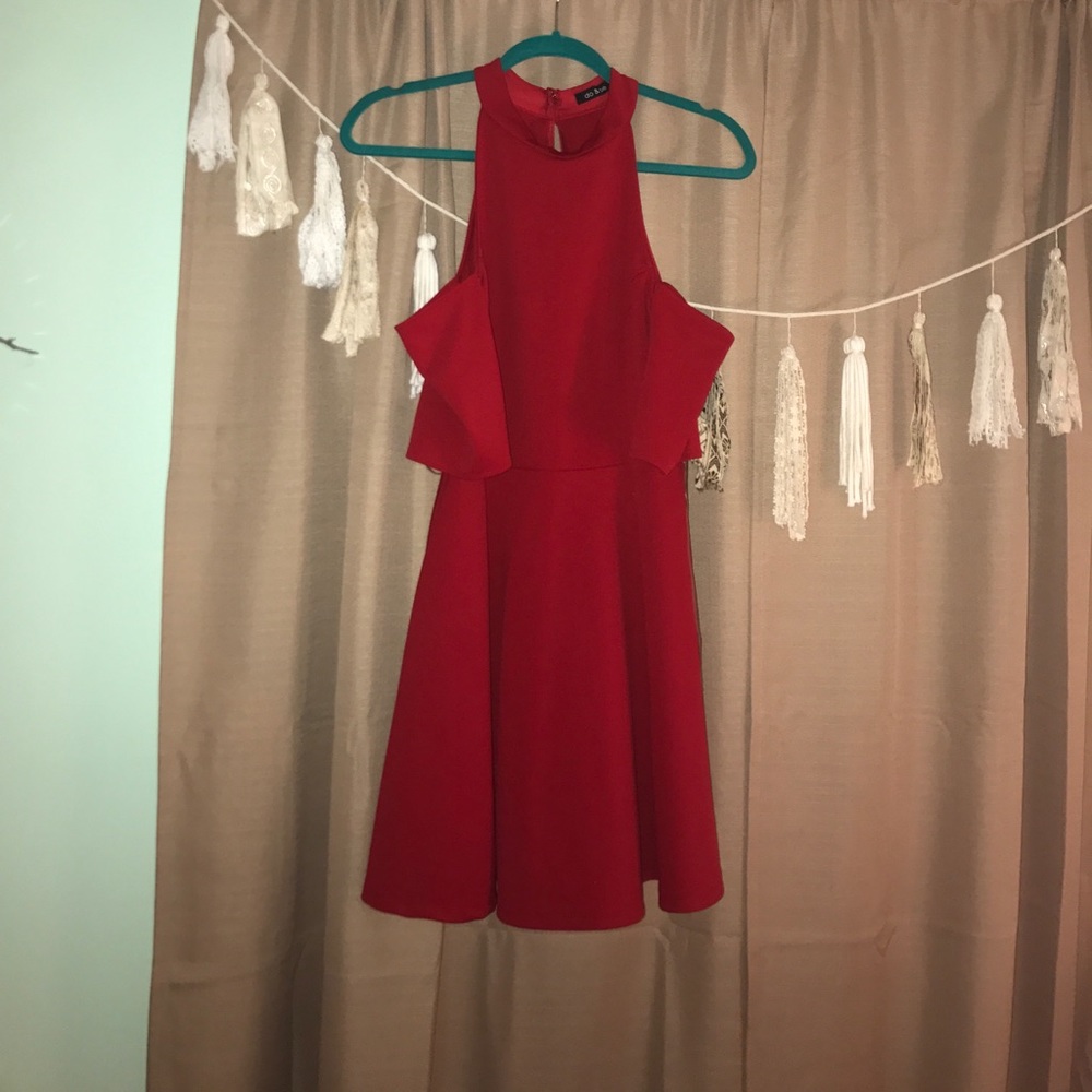Red high neck "cold shoulder" flare dress