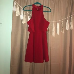 Red high neck "cold shoulder" flare dress