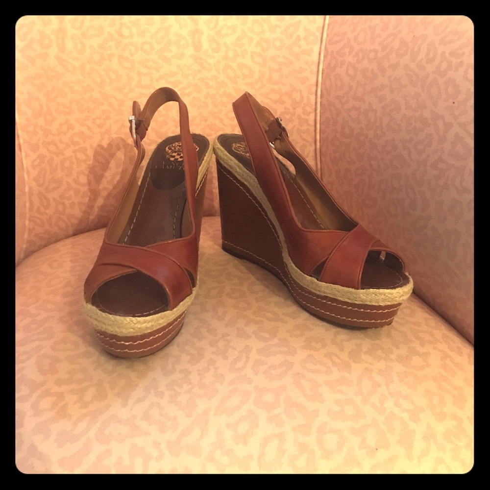 Vince Camuto Leather and Raffia Peeptoe Wedges