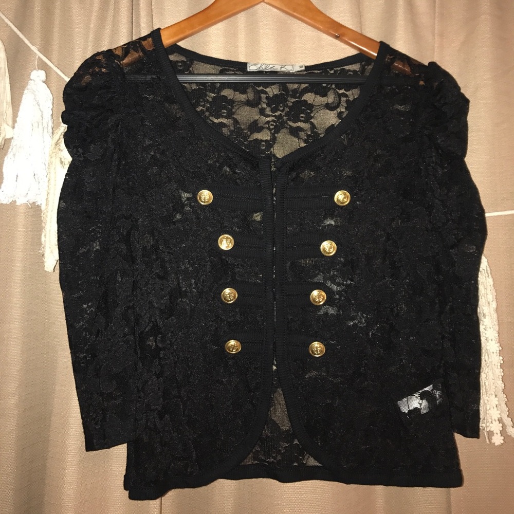 Black lace jacket with gold buttons