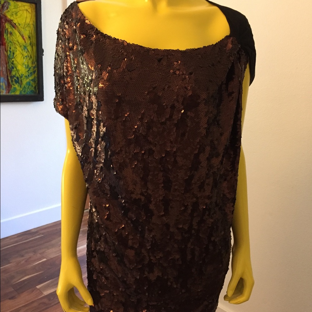 Brown sequins asymmetrical top. Back is sheer.