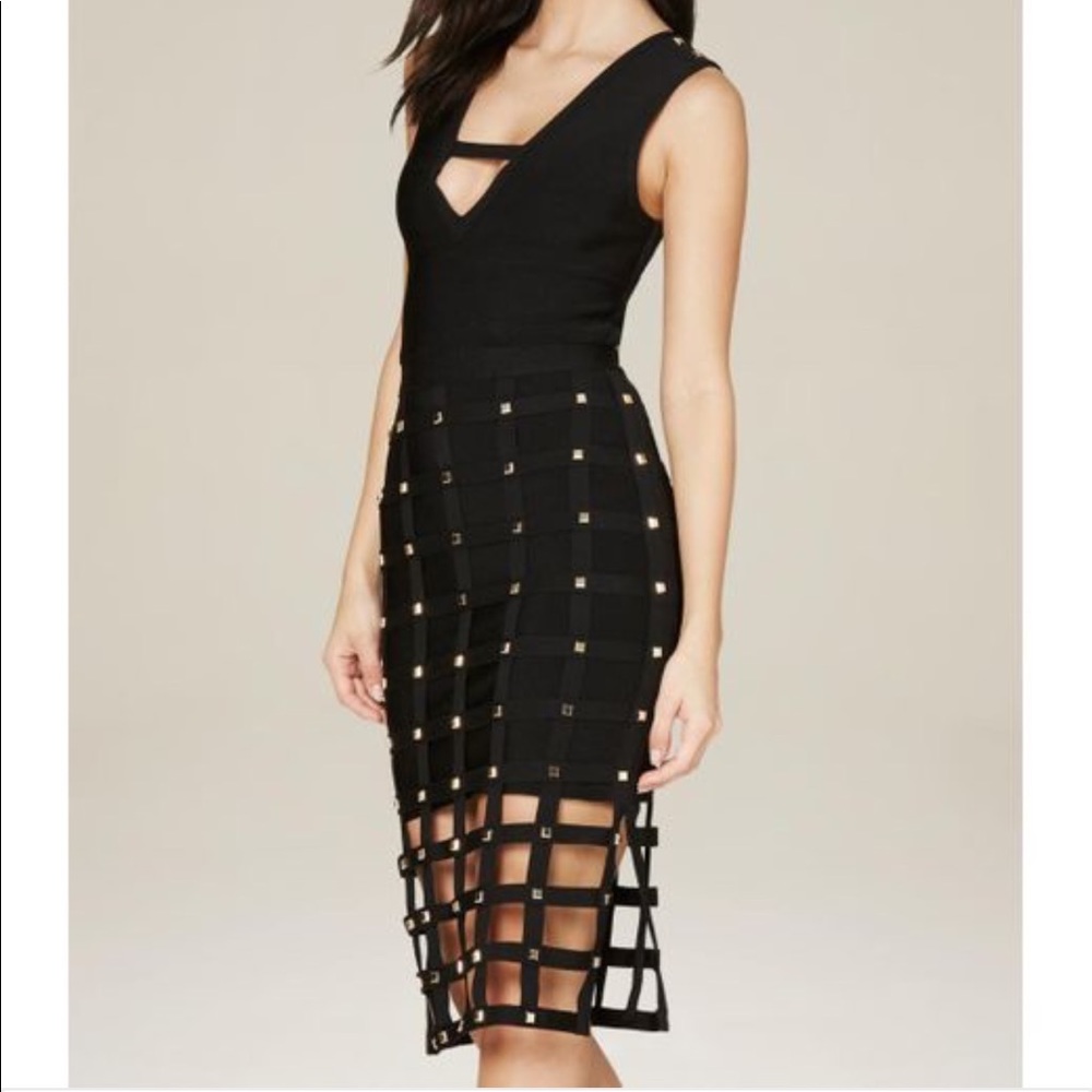 *Never worn* Bebe black & gold studded cage dress