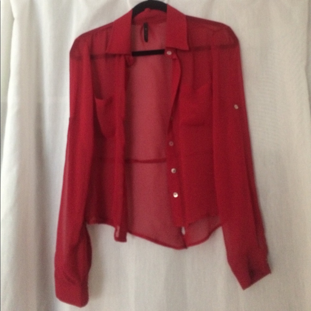 Sheer mesh red button up blouse