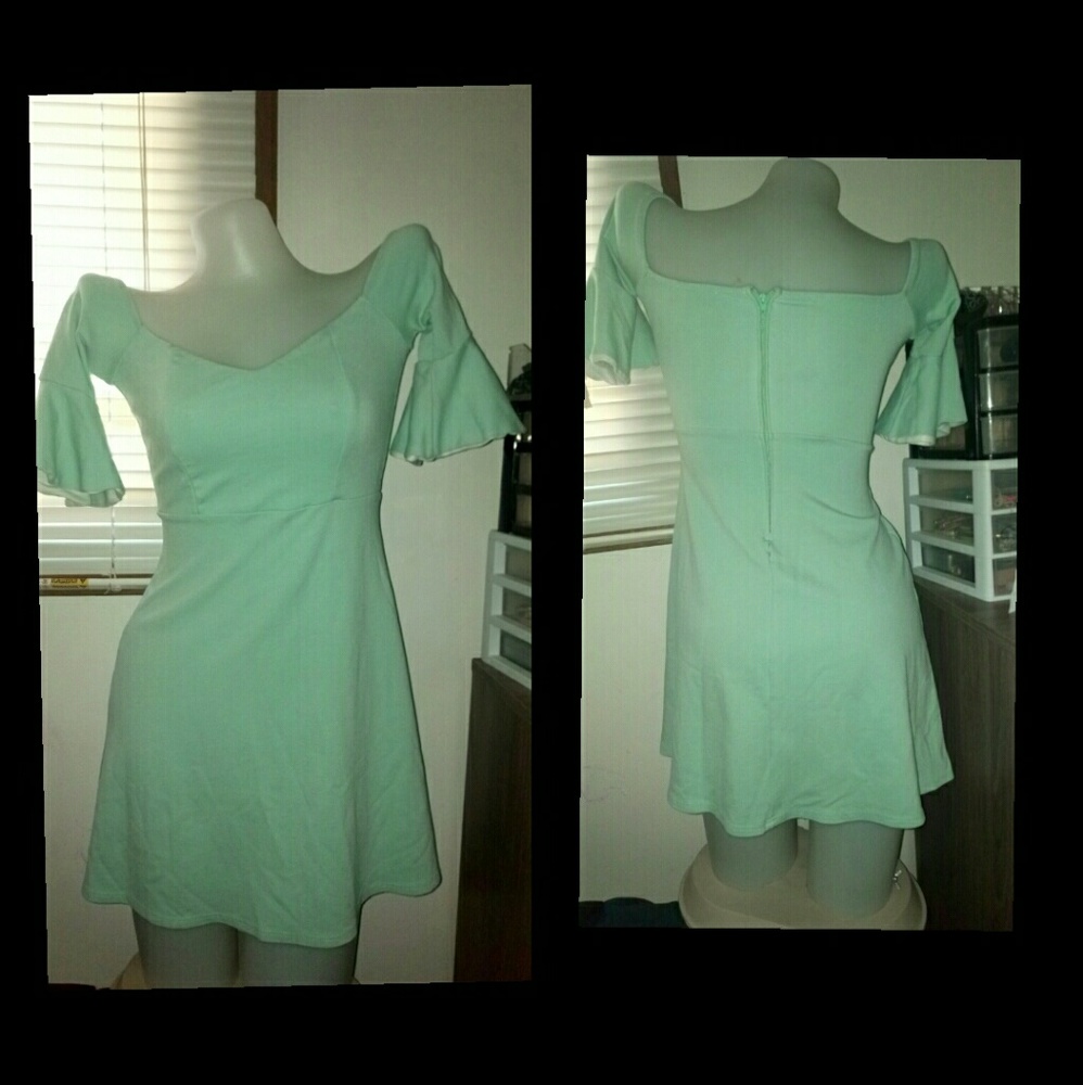 Mint off shoulder mine dress.