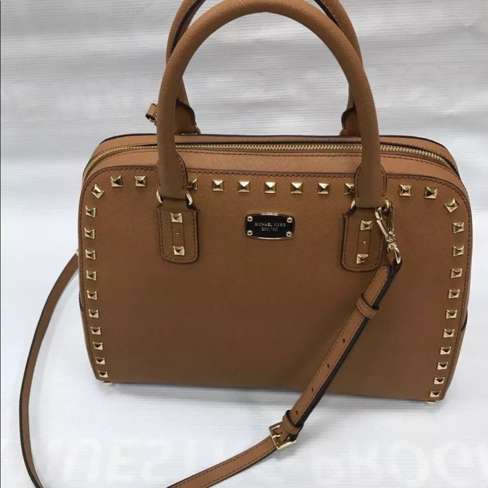NWT LARGE Michael Kors SANDRINE Brown STUDDED BAG