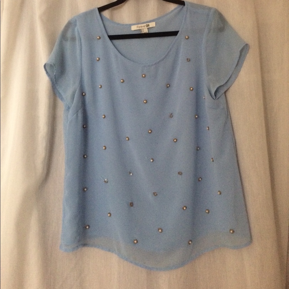 Sheer mesh Light blue pearled top