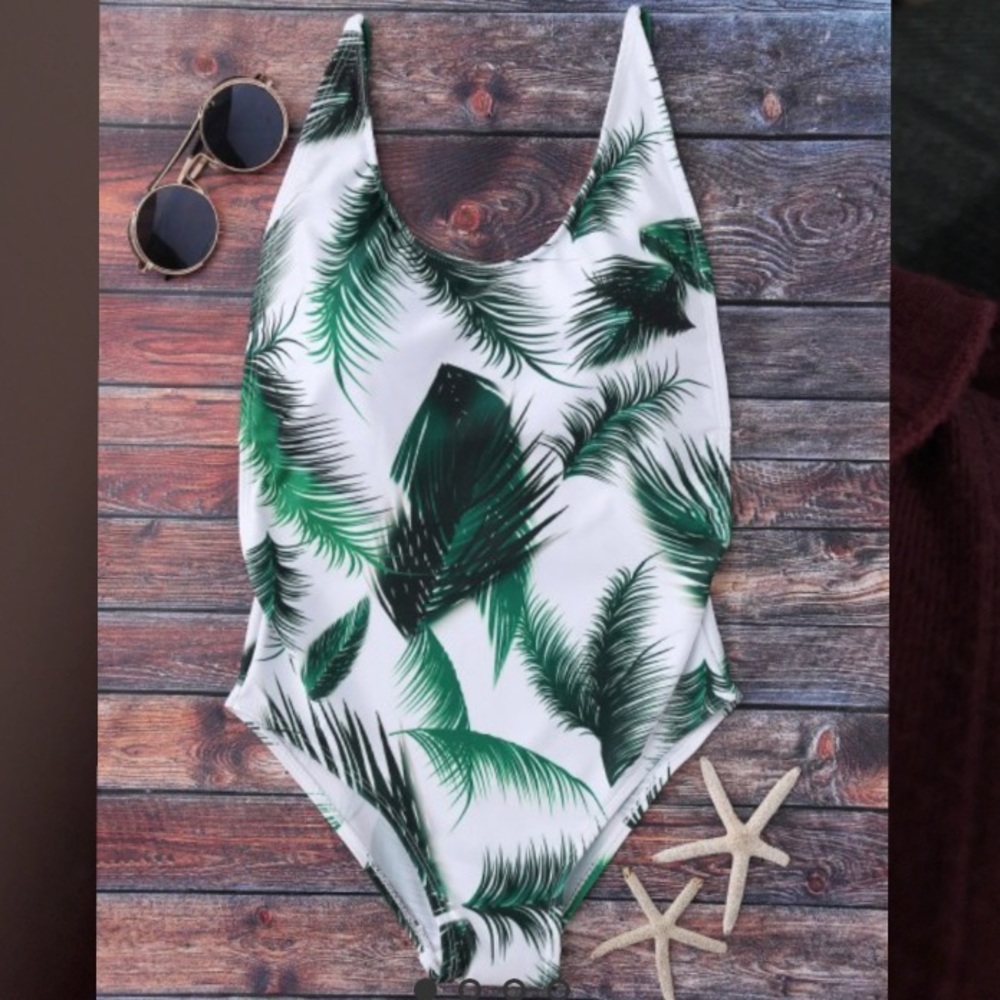 Crisscross Leaf Print Swimwear - White S