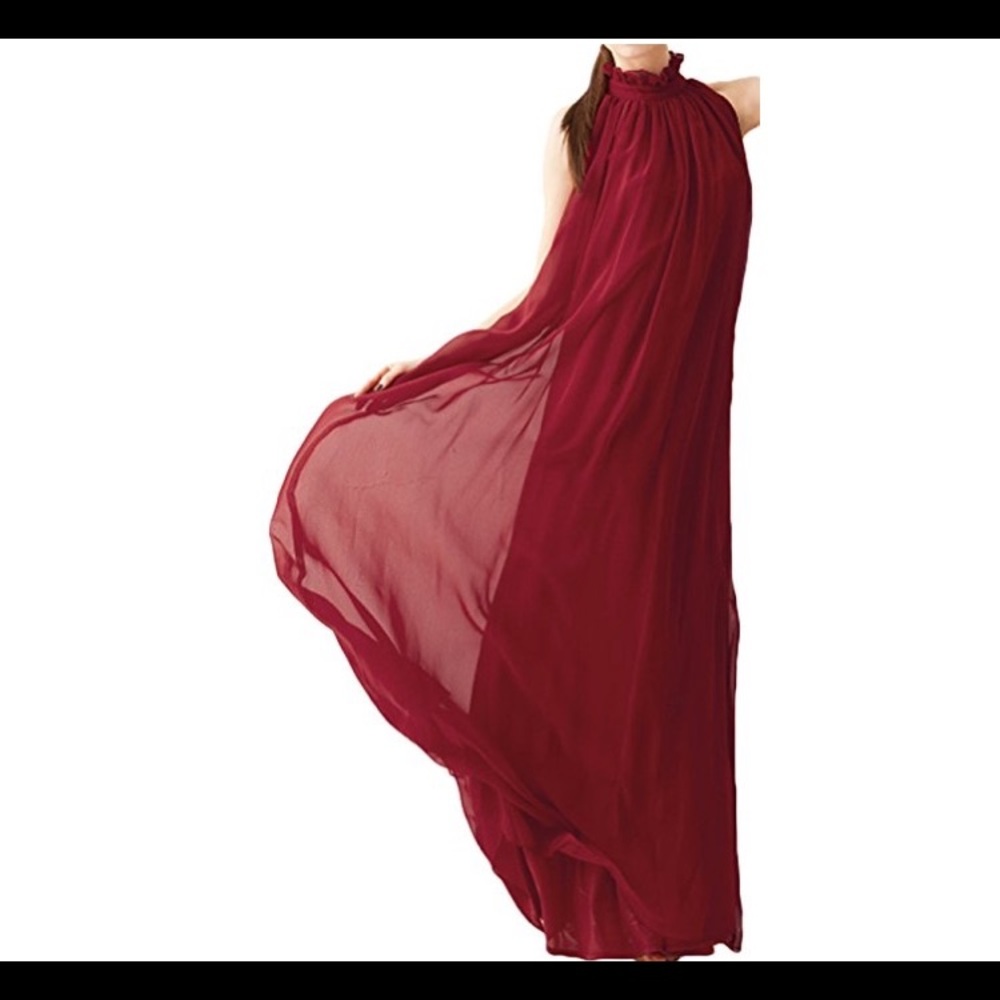 Summer Chiffon Ruffle Neck Wine Maxi Dress