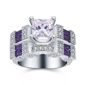 Princess Emerald Purple Silver Wedding Ring Set