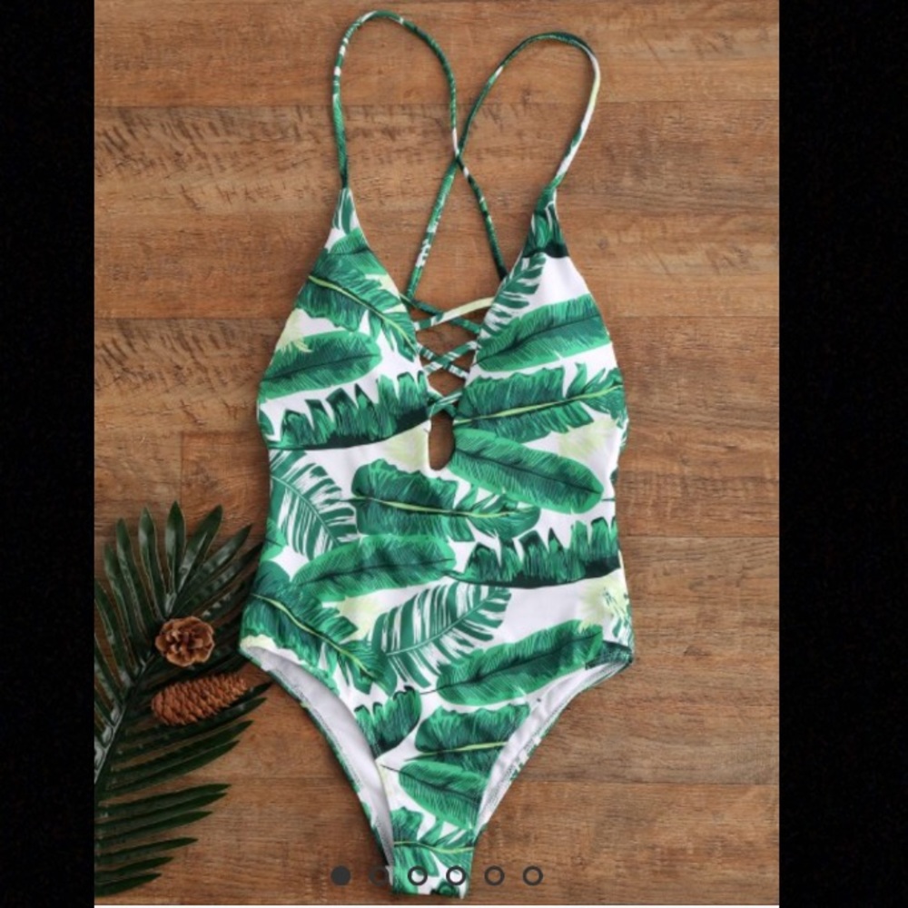 Palm Print Backless Plunge Padded One Piece - S