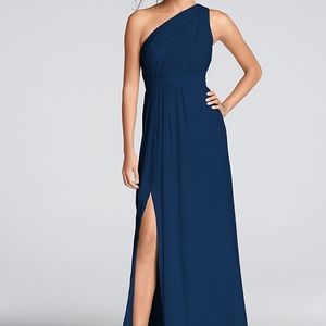 Long one-shoulder chiffon dress.