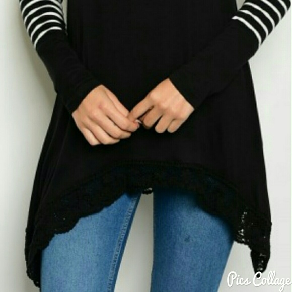 B&W Striped Sleeve Tunic w/Lace Hem - Picture 3 of 6