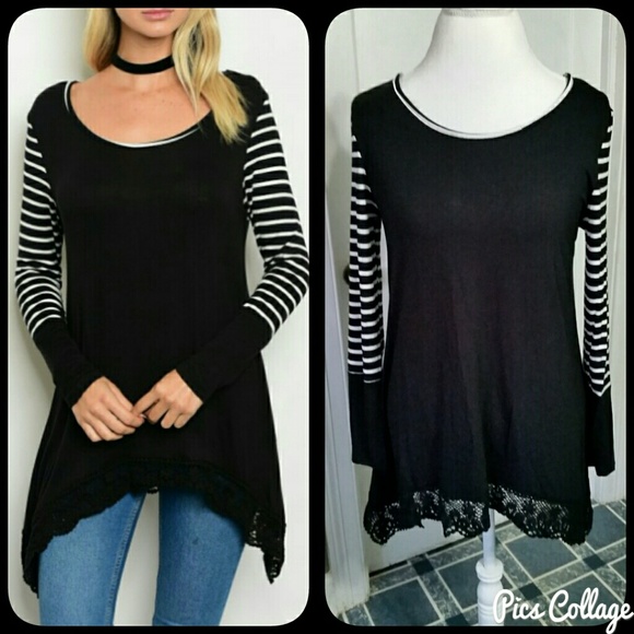 B&W Striped Sleeve Tunic w/Lace Hem - Picture 1 of 6