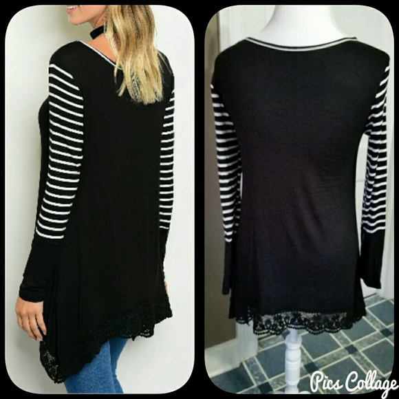 B&W Striped Sleeve Tunic w/Lace Hem - Picture 2 of 6