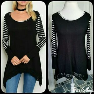 B&W Striped Sleeve Tunic w/Lace Hem
