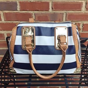 blue and white striped purse