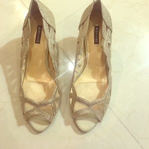 Alex Marie open toe gold pumps