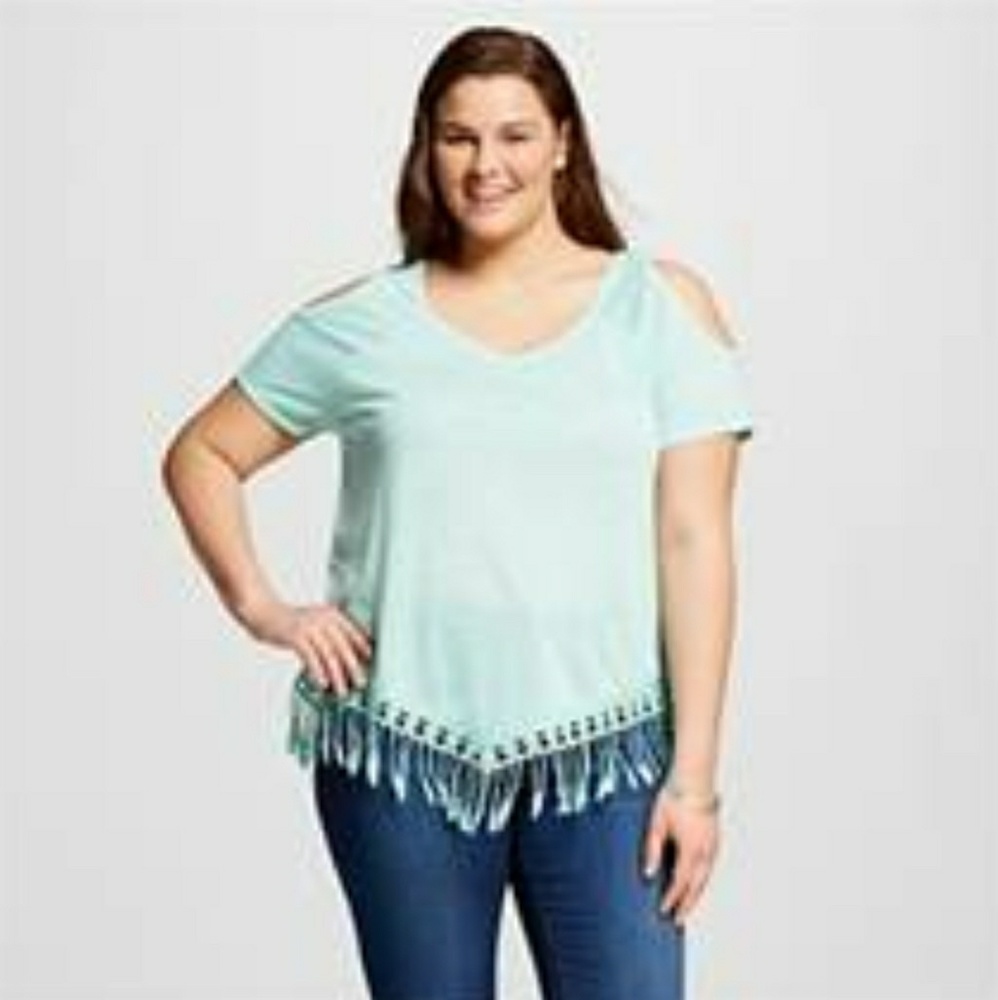 Teal Cold Shoulder Tee with Fringe