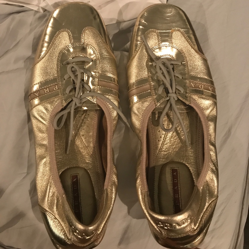 Prada size 10 Gold metallic ballet tied slip ons