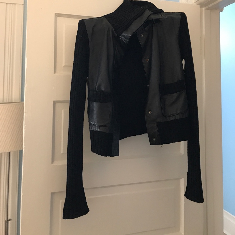 BCBG leather and wool moto-style cardigan