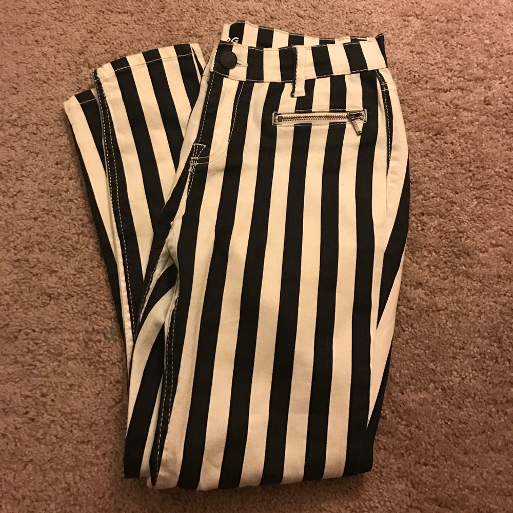 Mid rise black and white striped jeans