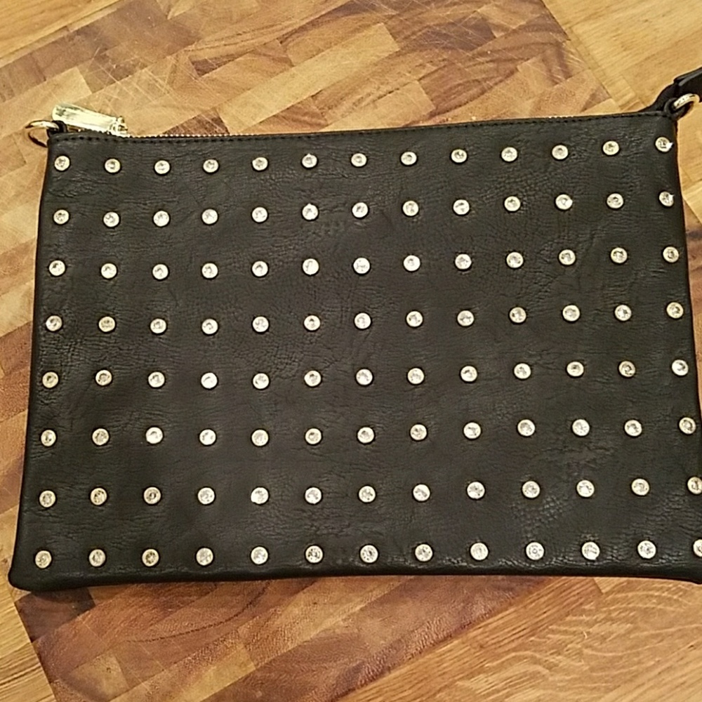 Black Faux Leather Clutch with Crystal Studs