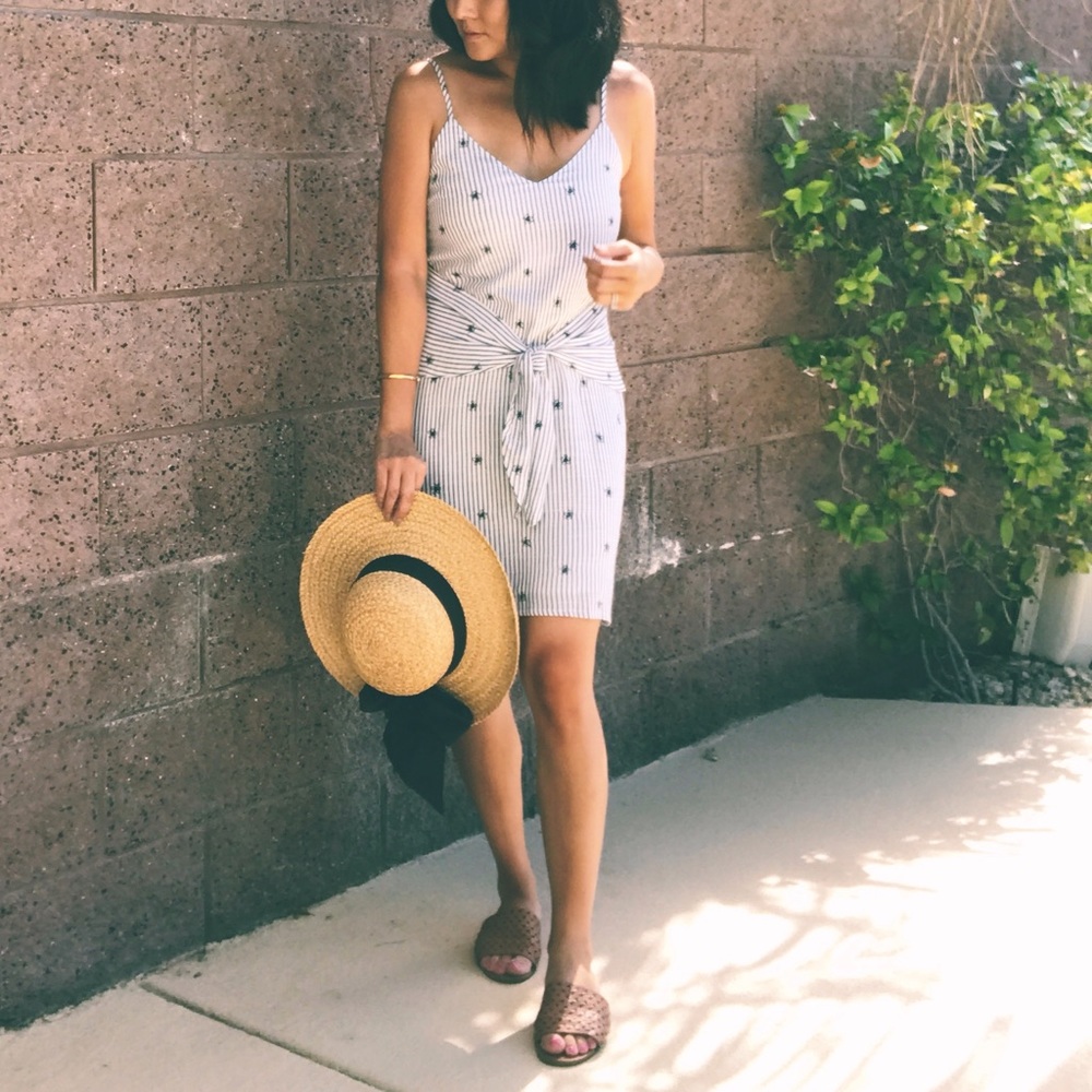 Striped Waist Front Tie Shift Dress