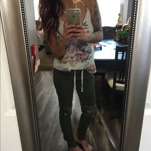 Army green zipper moto skinny jeans