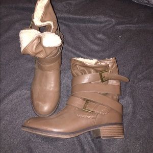 Tan Booties W Faux Fur and Buckles