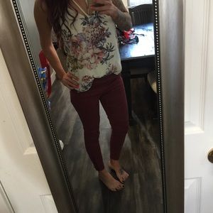 Burgundy skinny moto jeans
