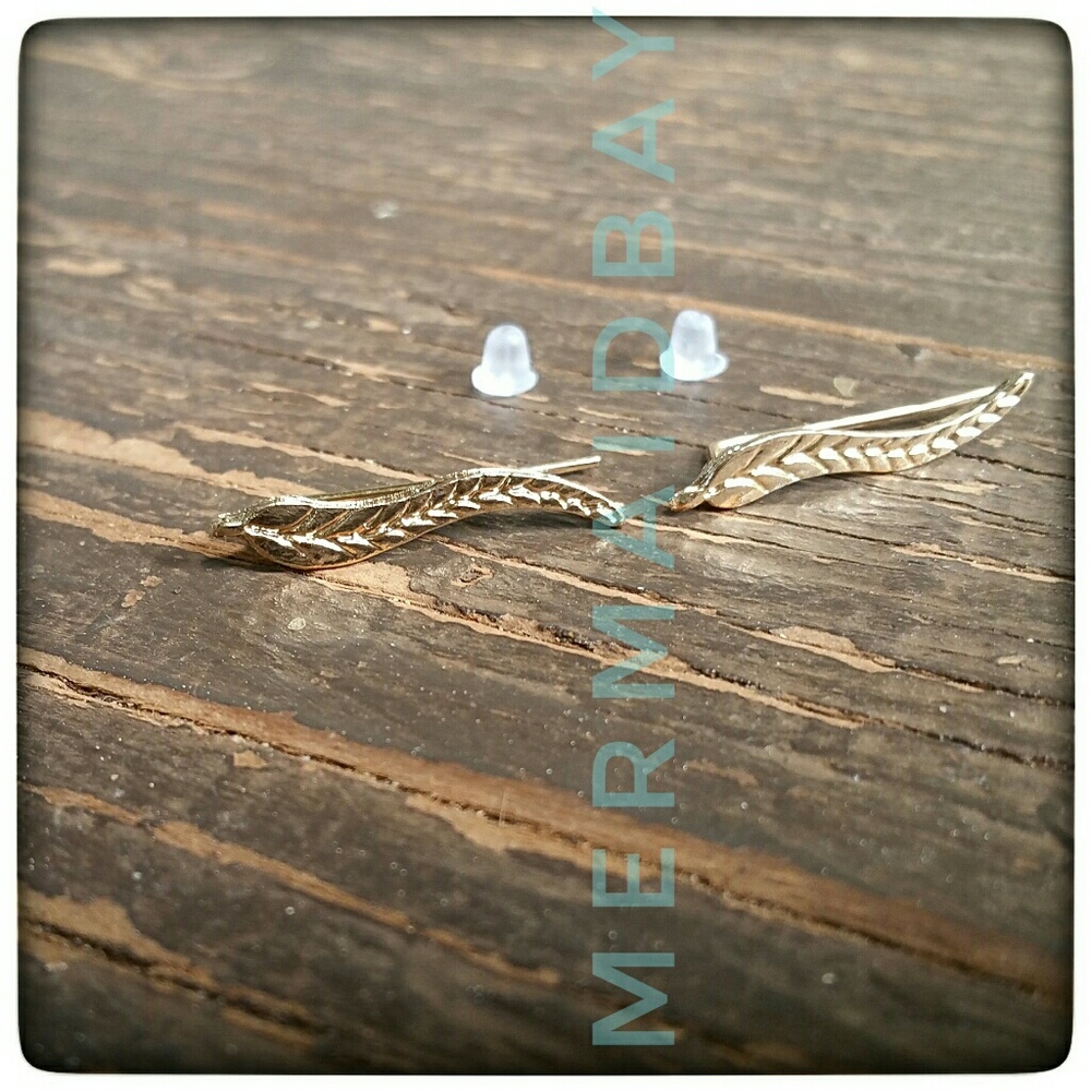 Golden Feather Earrings, ear jacket hugger cuff