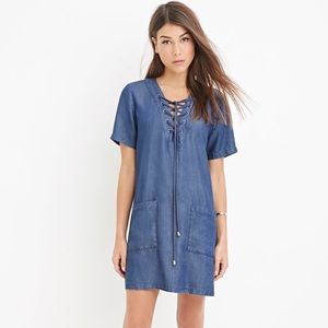 Super cute denim mini dress with lace up top